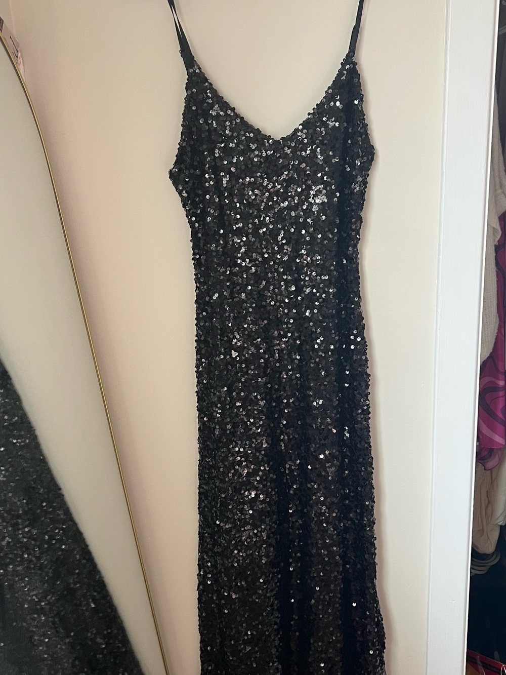 TWIK Simons Black Sequin Maxi Slip Dress with Spaghetti Straps